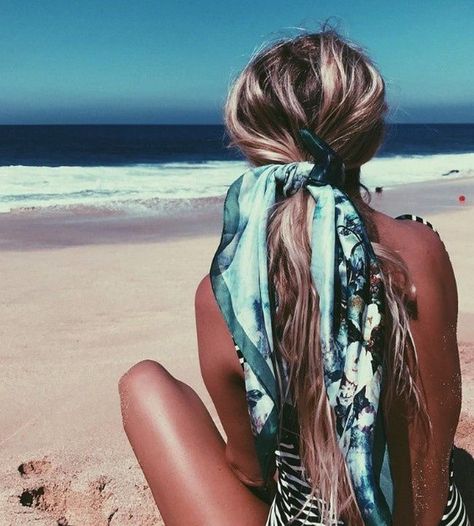 25+ Easy & Beautiful Beach Hairstyles You Can Wear All Summer |  #hairstyles #summer #beach #beachhair #summerhair #girls #hair #ponytail Preppy Hairstyles, Head Scarf Tying, Swimming Hairstyles, Stunning Hairstyles, Silk Headscarf, Ways To Wear A Scarf, Head Scarf Styles, Pool Hairstyles, Effortless Hairstyles