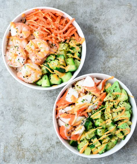 Sushi Bowl Recipe - 3 Ways (Gluten Free, Vegan) - satisfy those sushi cravings with these build your own Sushi Bowls! Includes recipes for California Roll Bowls, Vegan Sushi Bowls, and Shrimp Sushi Bowls. Gluten Free, with Keto/Whole30 options. Sushi Bowls With Shrimp, Whole 30 Sushi Bowl, Gluten Free Sushi Bowl, Sushi Bowl Recipe Shrimp, Gluten Free Poke Bowl, Gluten Free Sushi Recipes, Sushi Bowl Recipe California Rolls, Gluten Free Bowls, Shrimp Poke Bowl Recipe