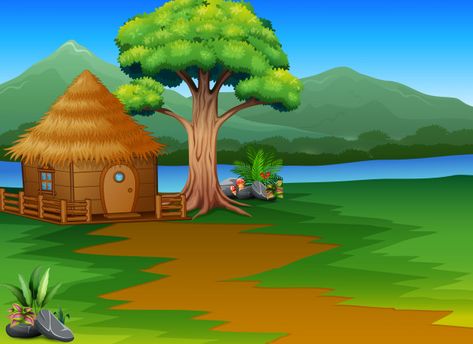 Cartoon woods cabin by the river with mo... | Premium Vector #Freepik #vector #background #flowers #water #house Cartoons Background Wallpapers, Cartoon Background Forest, Cartoon Background Wallpapers, Lake House Drawing, Cartoon Background House, Forest Cartoon Background, Cartoon Art Background, Free Cartoon Background, Cartoons Background