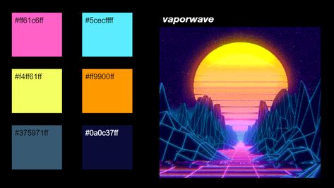 Vaporwave Colour Palette, Retro Futuristic Color Palette, Vapor Wave Color Palette, Retro Space Color Palette, Retro Game Color Palette, Music Festival Color Palette, Synthwave Color Palette, Vaporwave Office, Cyberpunk Color Palette