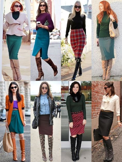 Outfits with Knee High Boots | What to Wear with Knee-high Boots this Fall 2013 Skirt With Riding Boots, Fall Skirt With Boots, Fall Skirts With Boots, Pencil Skirt Boots Outfit, What To Wear With Knee High Boots, Pencil Skirt With Boots, Pencil Skirt Boots, Skirt With Tall Boots, Fall Skirt Outfits With Boots