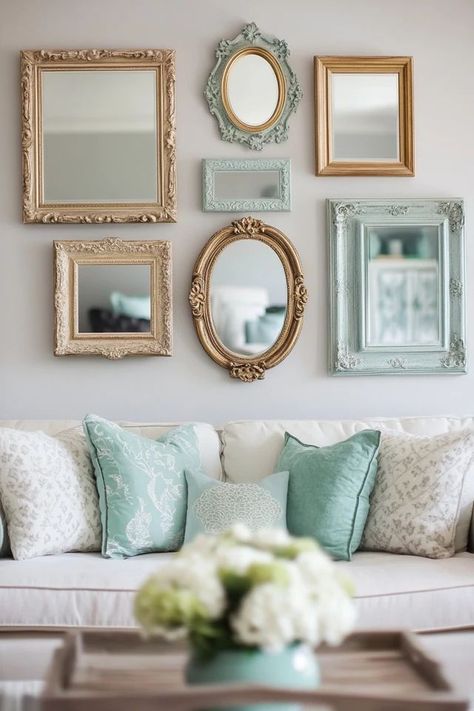 "Brighten up your home with a DIY Mirror Gallery Wall! 🪞🖼️ #DIYDecor #GalleryWall #MirrorArt" Mirror And Picture Wall, Mirror And Picture Wall Layout, Picture Wall Layout, Wall Layout, Mirror Gallery, Mirror Gallery Wall, French Country Living Room, Vintage Mirror Wall, Glam Decor