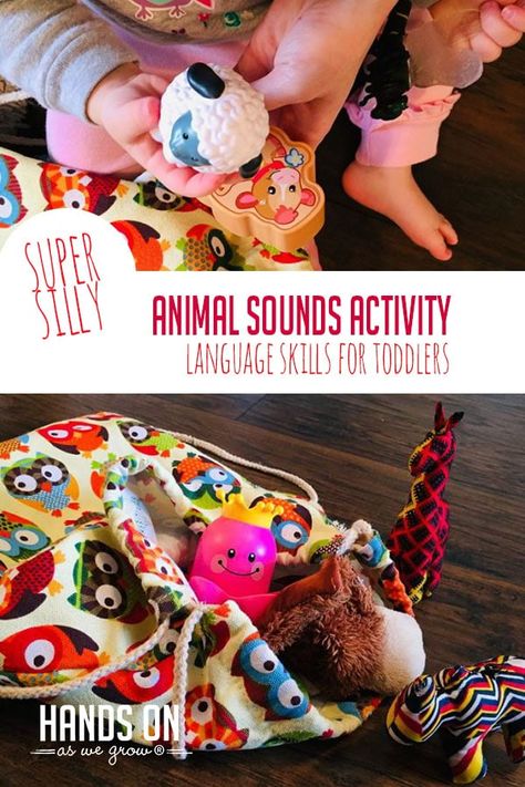 Make your own fun animal sounds activity using toys you already have! It's a great way to toddlers to build those budding language skills through play! via @handsonaswegrow Animal Sounds Activity, Language Development Activities, Animal Activities For Kids, Baby Activities, Animal Sounds, Animal Activities, Outdoor Activities For Kids, Language Activities, Early Literacy