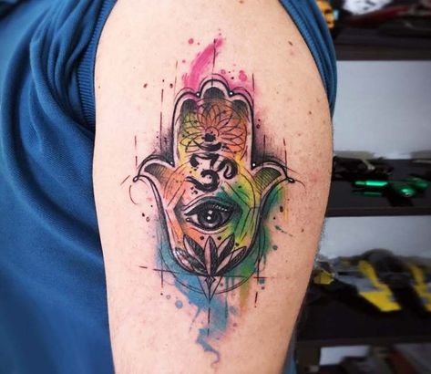 Hamsa hand tattoo by Brandon Bec Geometric Hamsa Tattoo, Hamsa Tattoo Placement, Hamsa Tattoo Meaning, Fatima Hand Tattoo, Hamsa Tattoo Design, Hamsa Hand Tattoo, Elephant Tattoo Design, Hamsa Tattoo, Elephant Tattoos