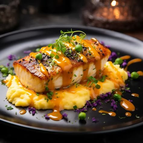 Gourmet Cod Recipes, Sweet Potato And Fish, Fish Entrees Gourmet, Fine Dining Salmon Recipes, Gourmet Entree Recipes, Sea Food Dinner Ideas, Restaurant Food Ideas Dishes, Fine Dining Potatoes, Healthy Fine Dining Recipes