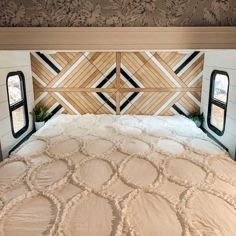 Camper Bedroom Makeover, Rv Decorating Ideas, Mirror And Sconces, Rv Interior Design, Rv Decorating, Rv Bedroom, Diy Camper Remodel, Rv Makeover, Light Colored Wood