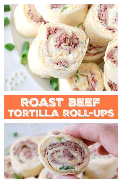 Roast beef tortilla roll ups are a great make-ahead appetizer or lunch. Perfect party food and football food. Quick and Easy Appetizer. #appetizer #gamefood #partyfood #rollups #pinwheels #roastbeef Roast Beef Roll Ups, Beef Tortilla, Beef Roll Ups, Pinwheel Appetizers, Tortilla Rolls, Make Ahead Appetizers, Roll Ups Tortilla, Pinwheel Recipes, Calorie Meals