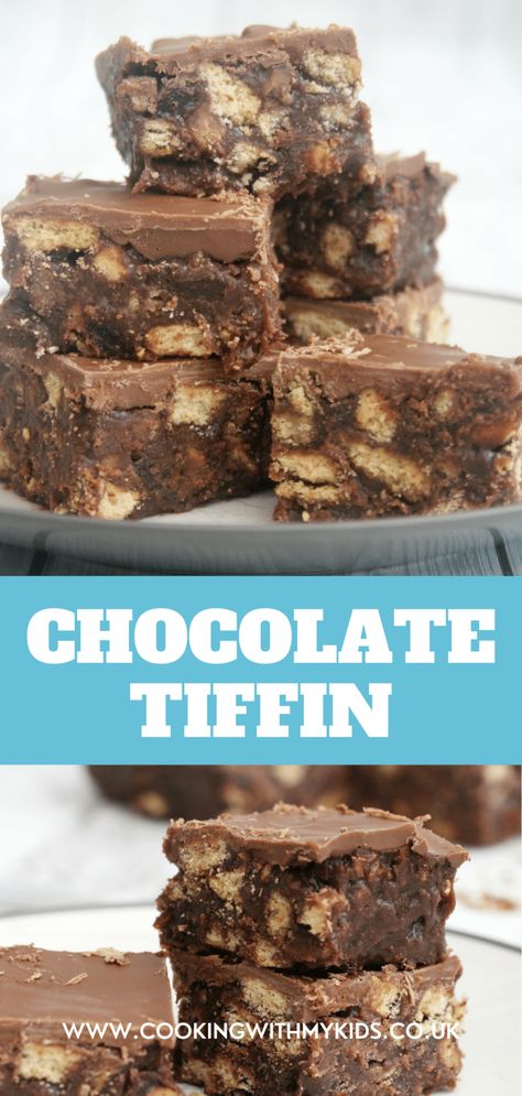 No Bake Tiffin, Chocolate Tiffin, Easy Tiffin Recipes For Kids, Chocolate Tiffin Recipe, Tiffin Recipe, Chocolate Slice, Eggless Desserts, Digestive Biscuits, Easy No Bake Desserts