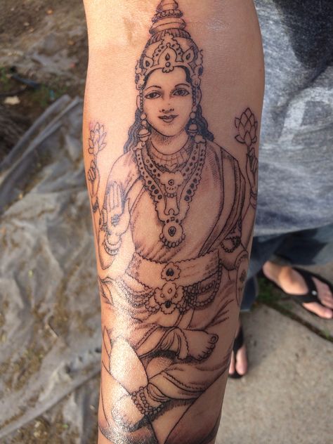 Holly's Lakshmi tattoo by Joe at Kitchen's Ink Denver Lakshmi Tattoo Design, Lakshmi Tattoo, Wave Tattoo Sleeve, Kundalini Tattoo, Bambi Tattoo, Seagull Tattoo, Avocado Tattoo, Teacup Tattoo, Hindu Tattoos