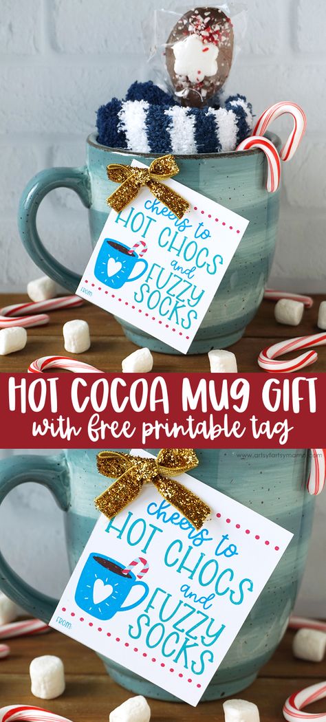 Hot Cocoa Mug Gift Idea + Free Printable Tag | artsy-fartsy mama Mug And Socks Gift, Coworker Mug Gift Ideas, Hot Coco Mugs Diy Gift, Coworker Christmas Gift Ideas Hot Chocolate, Cocoa Mug Gifts, Socks And Hot Chocolate Gift, Hot Cocoa Stocking Stuffer, Teacher Christmas Mug Gifts, Socks In A Mug Gift