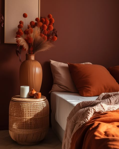 orange throw pillow on bed with rustic interior Rust Room Decor, Orange Brown Cream Bedroom, Red Orange Bedroom, Amber Bedroom Decor, Minimalist Autumn Decor, Terracotta Bedroom Decor, Warm Room Colors, Bedroom Ideas Brown, Dark Orange Bedroom