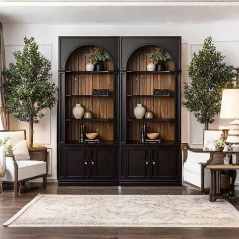 Lineyinmer American arched black bookcase | Wayfair Black Arched Cabinet, Living Room Hutch, Condo Inspiration, Diy Honey, Black Bookcase, Condo Ideas, Built In Bookcase, Ottoman Table, Elegant Designs