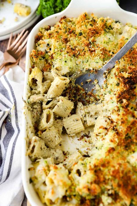 Chicken Pesto Artichoke Bake, Pesto Baked Ziti, Pesto Chicken Pasta Casserole, Pesto Chicken Bake Pasta, Freezer Friendly Pasta Dishes, Freezer Pasta Bake, Chicken Pesto Casserole, Chicken Cavatappi Recipe, Pesto Casserole