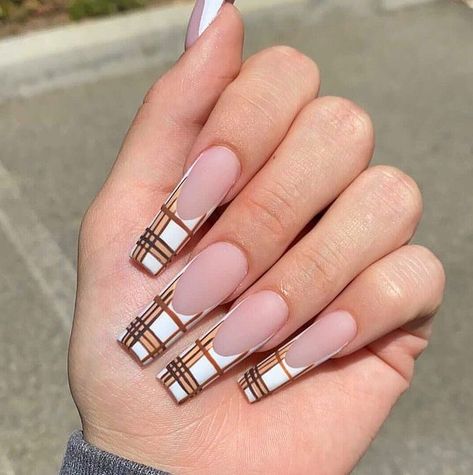 French Tip Fall Nails, Plaid Nail Designs, Multicolored Nails, Designer Nails, Classy Nail Designs, Cute Nails For Fall, Plaid Nails, Lake Elsinore, Long Nail