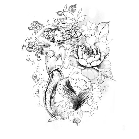 Mermaid Flower Tattoo, Mermaid Sleeve Tattoos, Mermaid Tattoo Designs, Armband Tattoos, Phoenix Tattoo Design, Mermaid Artwork, Mommy Tattoos, Ocean Tattoos, Beach Tattoo