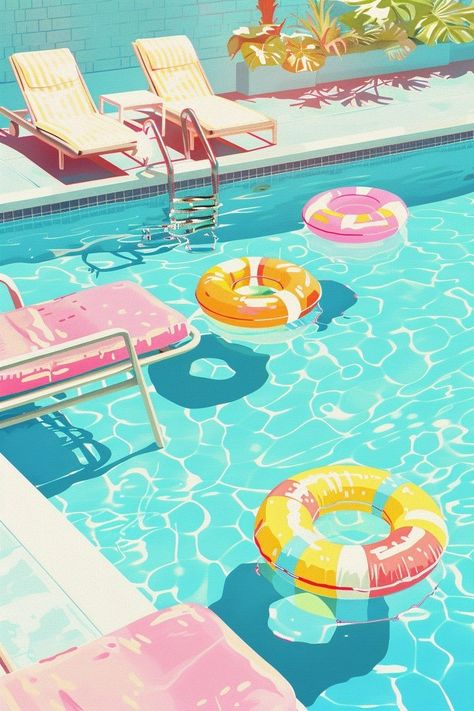 Cheerful Summer Vibes with Pastel Pool Floats and Lounge Chairs #SummerVibes #PoolParty #PastelColors #PoolFloat #LoungeChairs #SummerFun #ColorfulDecor #ChillByThePool #SummerMood #Poolside #GoodVibesOnly #OutdoorLiving #InstaGood 50s Pool Aesthetic, 1960s Pool Party, Pool Float Painting, Vintage Pool Party Aesthetic, Summer Bright Aesthetic, Retro Pool Party Aesthetic, Swim Pool Aesthetic, Poolcore Aesthetic, Vintage Pool Aesthetic