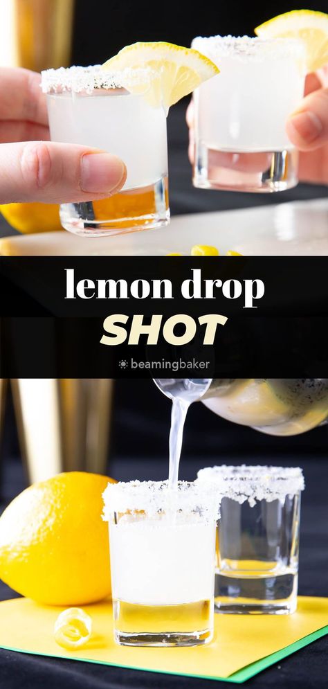 Tasting like lemon drop candy, the vodka-based Lemon Drop Shot is a recipe that includes lemon sugar, lemon juice, and simple syrup that's perfect for partying! Sweet, tart, and refreshing. | Recipe at BeamingBaker.com Lemon Drop Candy, Lemondrop Shot Recipe, Easy Shot Recipes, Lemon Drop Recipe, Lemon Drop Shots, Blueberry Simple Syrup, Fun Drink Recipe, Summertime Recipes, Make Simple Syrup