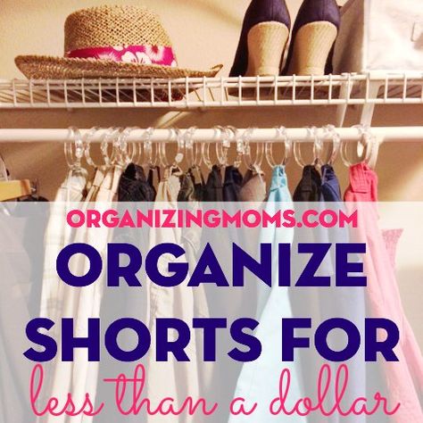 Get your shorts and capris organized with this simple, inexpensive project. Organization with Shower Curtain Rings for Shorts! Organize Shorts, Shorts Organization, Bedroom Closet Organization, Closet Organization Cheap, Cheap Organization, Curtain Ring, Organization Closet, Closet Hacks, Closet Hacks Organizing