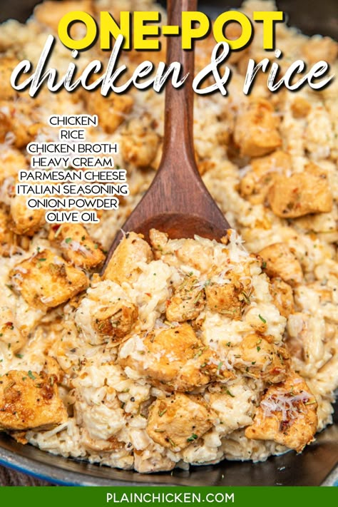 Discover the ultimate comfort food with our One-Pot Chicken and Rice recipe! Tender chicken, Italian seasoning, and garlic simmer together with rice in a single pan, creating a savory masterpiece. Finish it off with a creamy blend of heavy cream and Parmesan cheese for a dish that's rich and satisfying. Quick, easy, and oh-so-delicious! Chicken Italian Seasoning, One Pot Chicken And Rice, Chicken Italian, Chicken And Rice Recipe, Easy Chicken And Rice, Chicken And Rice Casserole, Plain Chicken, One Pot Chicken, Rice Casserole