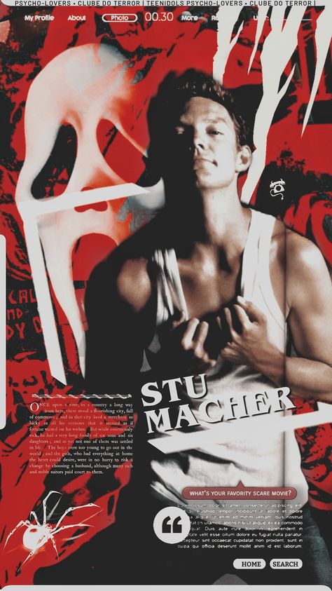 Scream Stu Macher Wallpaper, Stu Macher Poster, Matthew Lillard Tattoo, Mathew Lillard Wallpaper, Stu Macher Costume, Stu Macher Outfit, Matthew Lillard Wallpaper, Stu And Billy Scream, Stu Macher Aesthetic