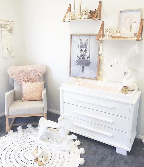 Blush pink and gold make for a beautiful nursery colour palette. Featuring the Urbane by Boori Lucia Dresser. Blue Carpet Nursery, Dark Carpet Nursery, Nursery With Dark Carpet, Nursery Dark Carpet, Violet Nursery, Pink Changing Table, Nursery Dark Furniture, Gold Baby Nursery