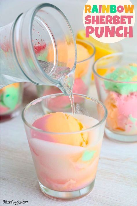 Rainbow Sherbet Punch - A 2-ingredient colorful and delicious punch perfect for parties, holidays and celebrations! #bitzngiggles #sherbet #punch #holiday #party #recipe Ginger Ale Mixed Drinks, Rainbow Sherbet Punch, Luau Punch, Squishmallow Party, Lila Party, Hippie Birthday Party, Sherbet Punch, Groovy Birthday Party, Groovy Party