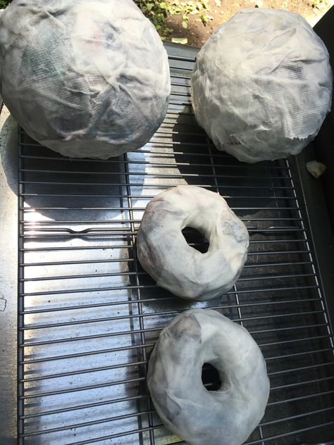 Paper mache donuts  – franklyscarlette Donut Paper Mache, Fake Donuts Diy, Paper Mache Food, Balloon Pinata, Messy Activities, Into The Woods Musical, Christmas Decorations Party, Art Crafts Ideas, Styrofoam Plates