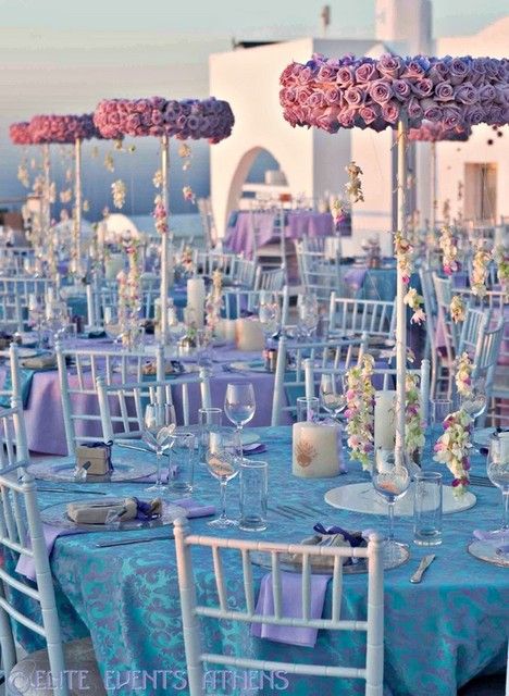 Table at a Greek Lavender Wedding #wedding #lavender Ideas Aniversario, Wedding Lavender, Lilac Wedding, Wedding Themes Fall, Tables And Chairs, Greek Wedding, Greece Wedding, Wedding Table Decorations, Lavender Wedding