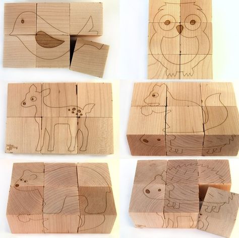 Wooden Block Puzzle, Picture Cube, Block Puzzle, Wooden Cubes, Wood Burning Crafts, Animal Puzzle, Shape Puzzles, Kids Wood, Puzzle Design