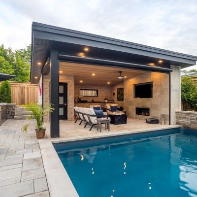 Modern Pool Cabana, Backyard Pool Cabana, Pool Cabana Ideas, Cabana Design, Pool House Cabana, Pool Gazebo, Modern Pool House, Pool Cabanas, Pool House Ideas