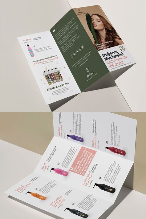 Brochure design for a brand that produces herbal shampoos for women Cosmetics Brochure Design, Product Pamphlet Design, Products Brochure Design, Skincare Brochure Design, Beauty Brochure Design, Brochure Product Design, Perfume Brochure, Brand Brochure Design, Beauty Leaflet