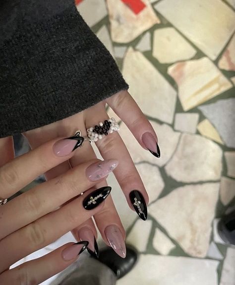 Black Almond Nails, Cross Nails, Black Acrylic Nails, Edgy Nails, Goth Nails, Grunge Nails, Classy Acrylic Nails, Almond Acrylic Nails, Nails Only