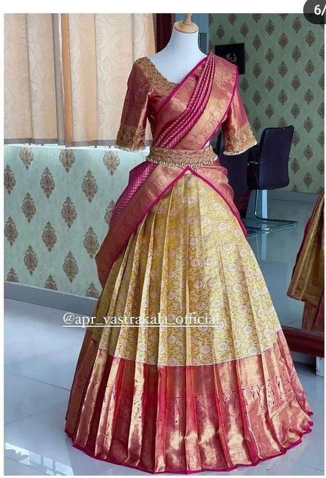 Traditional Half Saree Designs, Langa Voni Half Saree, Silk Half Saree, Indian Fits, Dress Stitching, Half Saree Function, Langa Voni, Lehenga Saree Design, Half Saree Lehenga