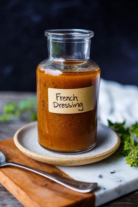 This easy homemade French Dressing is rich and tangy, with a hint of sweetness and can be made in five minutes, using simple pantry ingredients! Vegan and gluten-free! Homemade French Dressing, Creamy Basil Dressing, Fig Dressing, Clean Pantry, Vegan Salad Dressing Recipes, Stomach Rumbling, Feasting At Home, Big Momma, Pesto Dressing