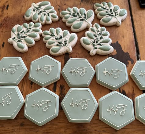 Bridal Shower Cookies Sage Green, Cookies With Initials Wedding, Green Bridal Shower Cookies, Mammogram Cookies, Rehearsal Dinner Dessert Ideas, Anniversary Sugar Cookies, Initial Cookies, Wedding Baking, Wedding Sugar Cookies