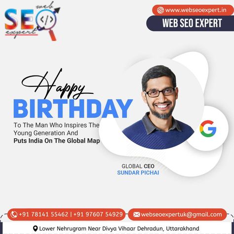 Dear Sundar Pichai, Happy Birthday! On this special day, I want to express my admiration and appreciation for your exceptional leadership and innovative vision. Under your guidance, Google has continued to thrive and evolve, bringing incredible advancements and services to people worldwide. 🌍 www.webseoexpert.in 📱 07814155462 / 9760754929 #digitalmarketing #digitalmarketingcompany#HappyBirthdaySundarPichai#SundarPichai #CEOInspiration #TechVisionary #LeaderExtraordinaire . Sunder Pichai, Poster Maker App, Sundar Pichai, Graphic Design Portfolio Cover, Mailer Design, Web Development Projects, Education Poster Design, Graphic Design Ads, Good Vocabulary Words