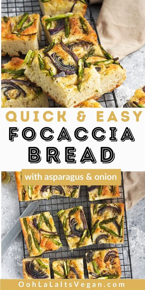 pinterest pin of focaccia bread Cookout For A Crowd, Quick Focaccia Bread, Quick Focaccia, Quick Vegan Snacks, Vegan Focaccia, Vegan Snacks For Kids, Sides For Thanksgiving, Vegan Snacks Healthy, Vegan Snacks On The Go