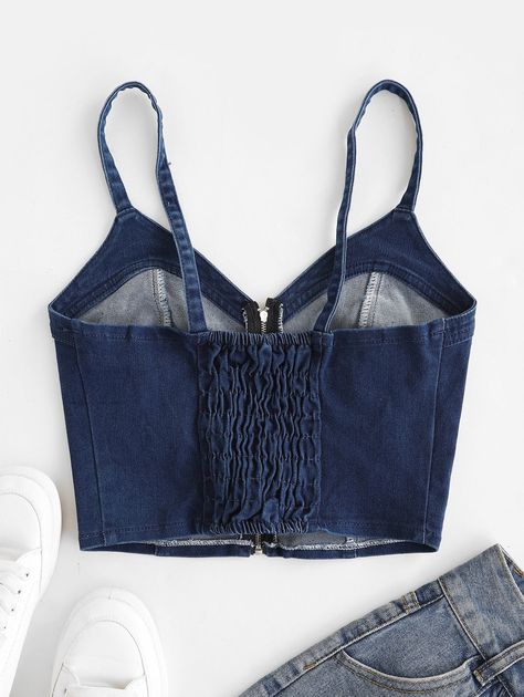 Bustier Top Outfits Classy, Bustier Top Outfits, Denim Bralet, Denim Bustier Top, Denim Bustier, Top Jeans, Cute Tank Tops, Dark Blue Jeans, Cute Style