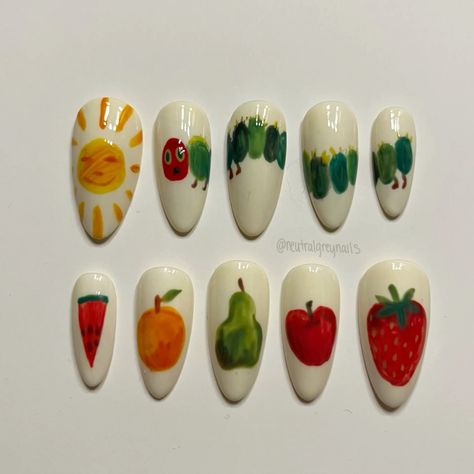 Fruit And Veggie Nails, Hungry Hungry Caterpillar Nails, Book Theme Nails, The Very Hungry Caterpillar Nails, Nail Art Planner, Fun Teacher Nails, Alcohol Nails Design, Ratatouille Nails, Cereal Nails