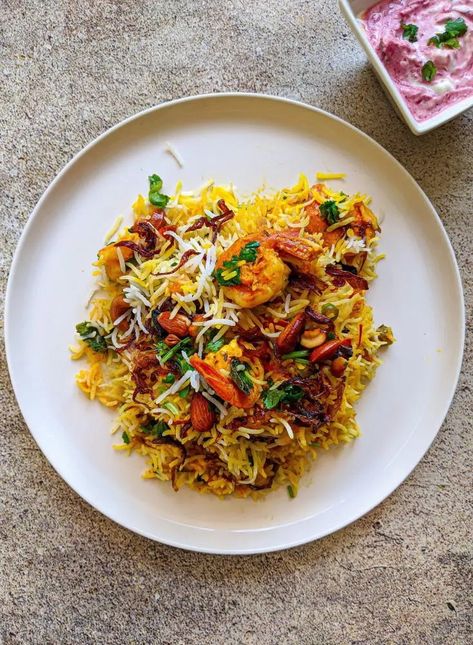 Shrimps Biryani – Spice Trip Shrimp Biryani Recipe Indian, Shrimp Briyani Receipes, Shrimp Biryani Recipe, Prawns Biryani, Shrimp Biryani, Fish Biryani, Marinated Shrimp, Perfect Rice, Mughal Empire