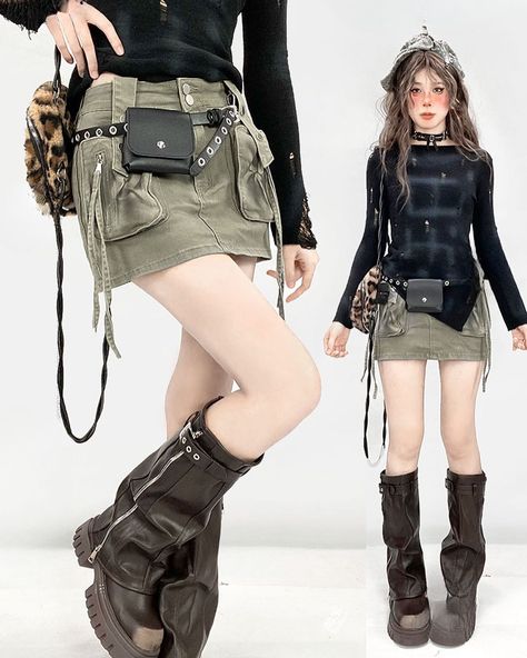 🛍️🛍️Complete your daily look with our new arrival cut pants, skirt and jeans. 👉Search ‘REDCC-090’ on devilinspired.com #devilinspired #fashionjeans #fashionskirts #fashionstyle #ootd #kawaiifashion Skirt With Pockets Outfits, Cargopunk Outfits, Green Cargo Skirt Outfits, Green Skirt Outfit Ideas, Green Skirt Outfits, Green Cargo Skirt, Apocalypse Clothing, Cargo Skirt Outfit, Oc Clothes