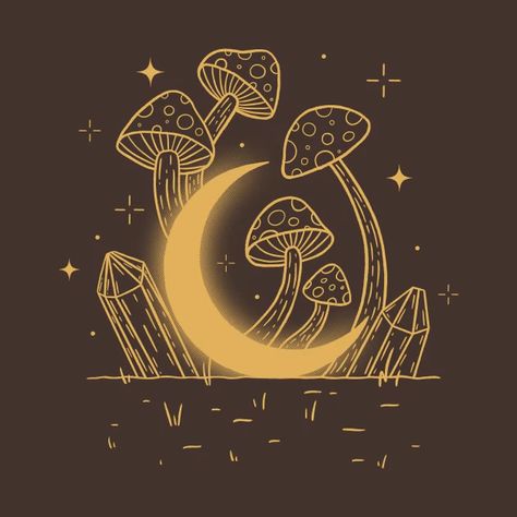 Moon In The Shrooms - Mushroom - T-Shirt | TeePublic Moon Mushroom, Flag Ideas, Forest Designs, 2024 Art, Boho Inspiration, Mushroom Design, Mushroom Art, Moon Flower, Reference Poses