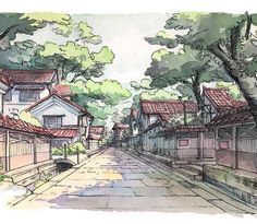 Japanese House Art, Japanese House Drawing, House Sketches, Old Japanese House, Town Drawing, Village Drawing, House Design Drawing, Japanese Town, Japanese Village