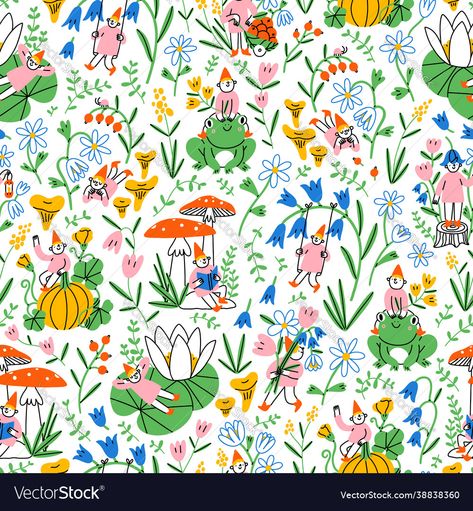 Secret Garden Illustration, Woodland Wallpaper, Frog Illustration, Gnome Pattern, Cute Vector, Garden Illustration, Garden Beautiful, Garden Pattern, Garden Gnomes