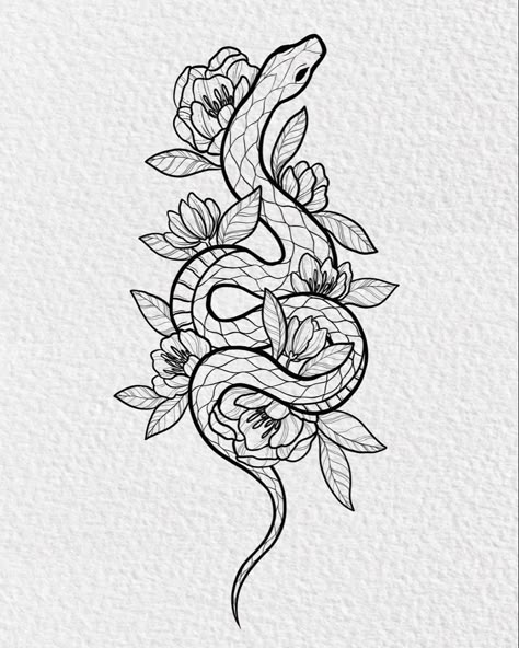 Line art of snake tattoo with flowers surrounding Tato Mandala, Wrist Tattoo Cover Up, Snake Tattoo Design, Roses Tattoo, Inspiration Tattoos, Snake Tattoo, Tat Ideas, Dope Tattoos, Dog Tattoos