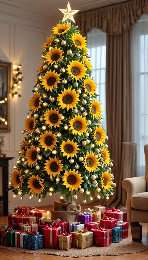 beautiful Christmas tree decorated with sunflowers - AI creation Sunflower Christmas Tree Ideas, Sunflower Christmas Tree, Beautiful Christmas Trees Decorated, Sunflower Tree, Sunflower Christmas, Christmas Tree Inspo, Christmas Tree Decorated, Colouring Pics, Sunflower Decor