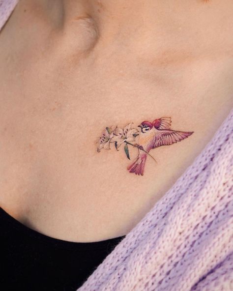 #tattoodesign #tattoo #coloredtattoo #tattooonchest #ladiestattoo #birdtattoo Bird Tattoo On Chest, Small Sparrow Tattoos, Bird And Flower Tattoo, Tattoo On Chest, Lillies Tattoo, Lily Flower Tattoos, Infinity Tattoo Designs, Mystical Tattoos, Tulip Tattoo