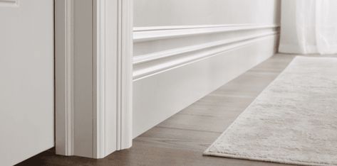 How to Choose Baseboard Styles for Your Home | The Finished Space Modern Baseboards And Trim, Baseboard Trim Styles, Interior Moulding, Modern Baseboards, White Baseboards, Wood Baseboard, Baseboard Styles, Baseboard Moulding, Baseboard Trim