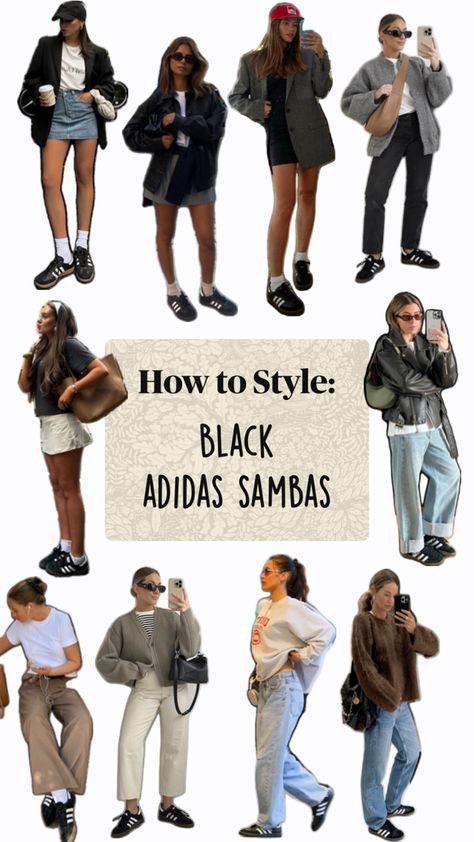 Sambas are the perfect laid back but stylish tennis shoe! Adidas Samba Black Outfit, Black Samba Outfit, Stylish Tennis Shoes, Black Adidas Sambas, Black Sambas, Samba Adidas Outfit, Adidas Samba Black, Outfit Hairstyle, Niche Fashion