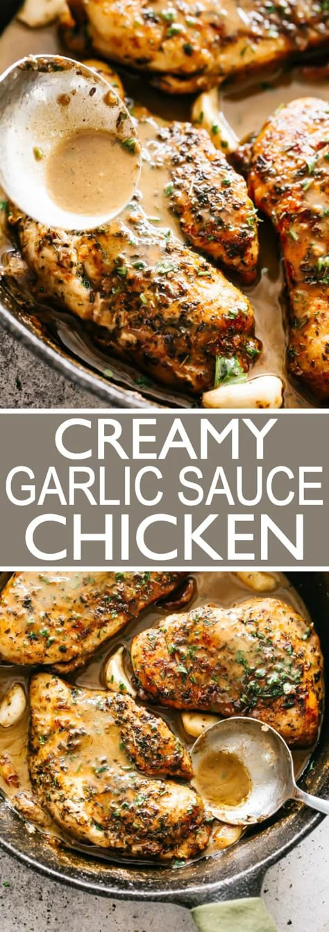 Tender chicken breasts smothered in creamy garlic sauce! A quick and easy chicken breasts dinner idea that's great for busy weeknights.  #garlic #chickenbreasts #quickdinner #easyrecipes #lowcarb #ketorecipes #chickendinner #chicken Garlic Sauce Chicken, Easy Chicken Breast Dinner, Chicken In A Skillet, Garlic Sauce For Chicken, Garlic Chicken Breast Recipes, Chicken Sauce Recipes, Seared Chicken Breast, Creamy Garlic Chicken, Pan Seared Chicken